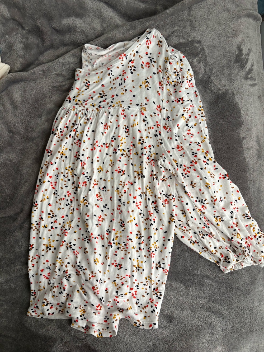 LOFT White Knit Top with Pink, Mustard, Gray & Brown Spots